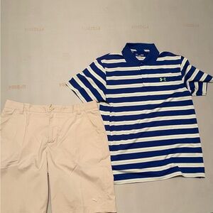 Men’s large Under Armour blue stripe shirt and size 36 men’s puma khaki shorts